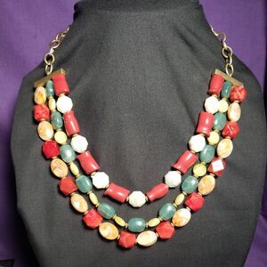 Dana Buchman Signed Three Layer Multicolored Necklace, Matte Yellow Gold Tone